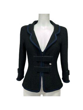 Chanel Jacket 36 S Black Dark Navy Tweed Magic Tape Cotton